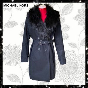 Michael Kors Black Belted Trench Coat with Detachable Fur Collar S
